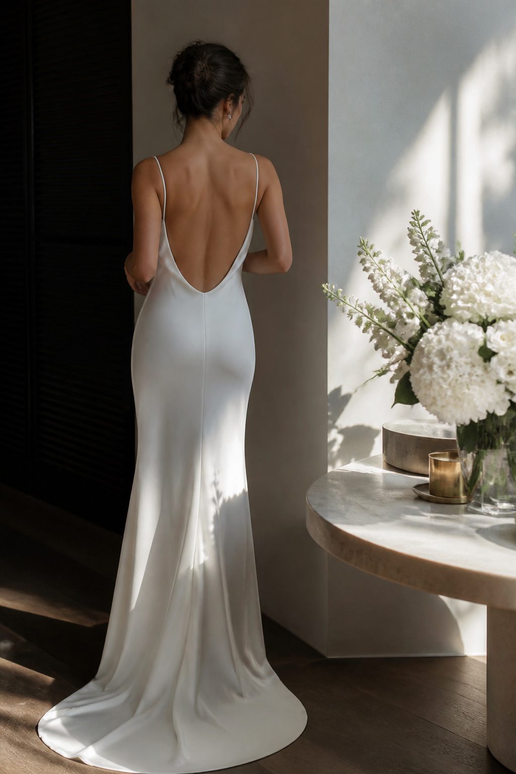 Minimalist satin slip wedding dress in an indoor setting.