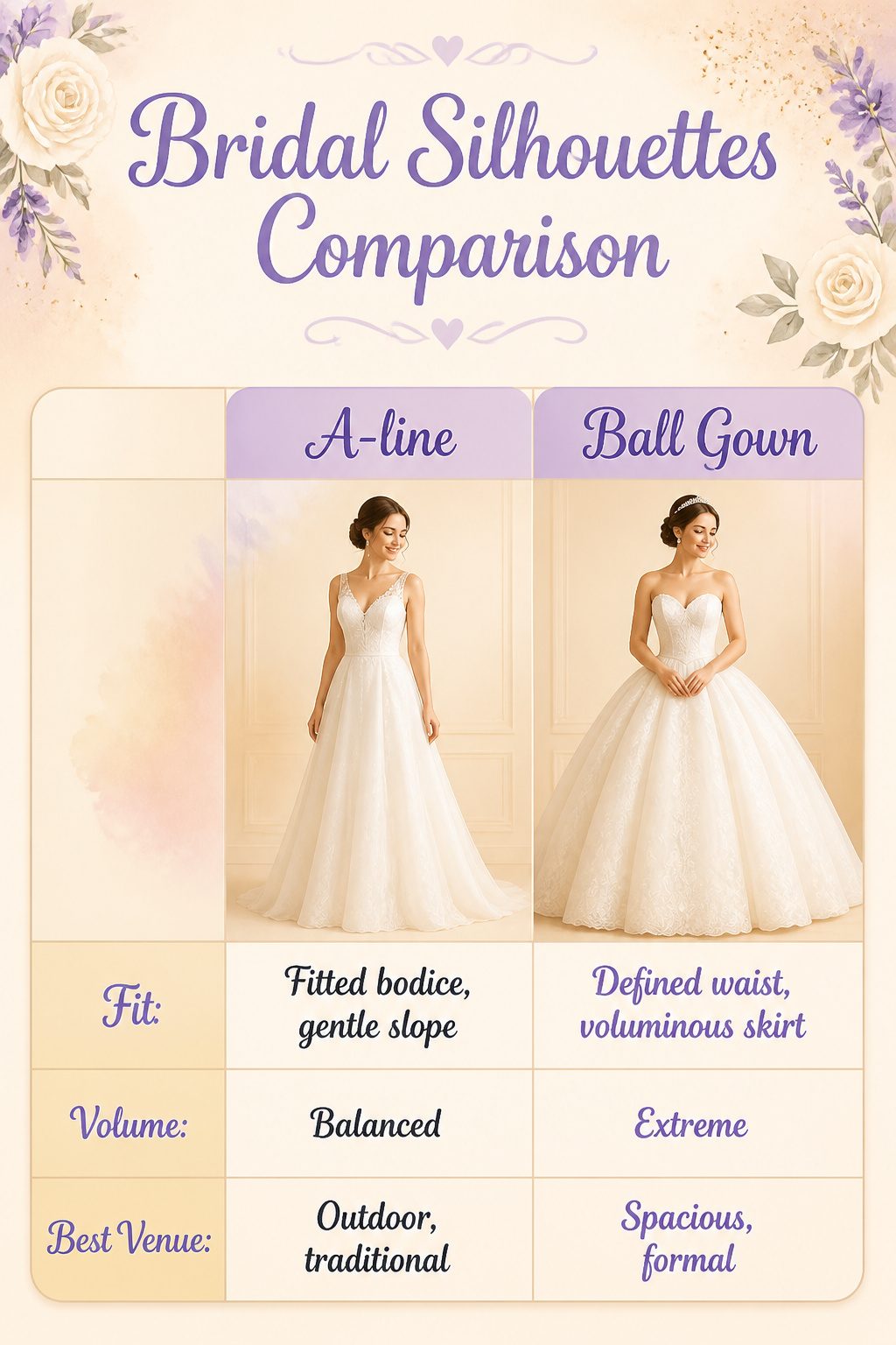 Chart comparing bridal silhouettes and body types.