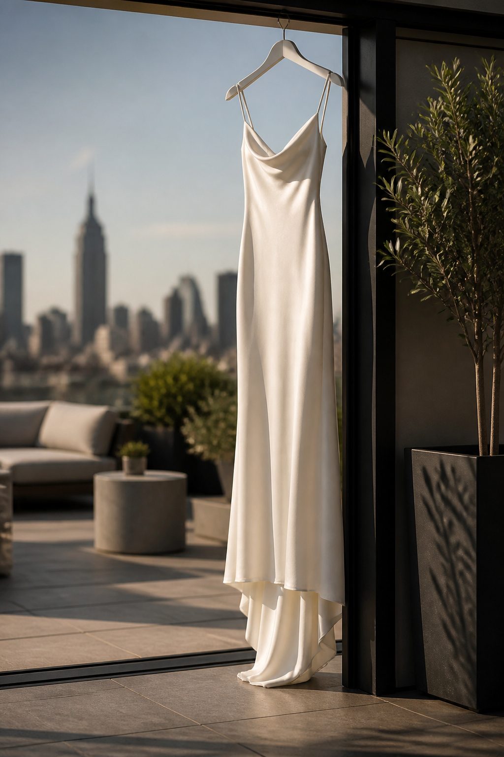 Simple silk column wedding dress with no flared volume.