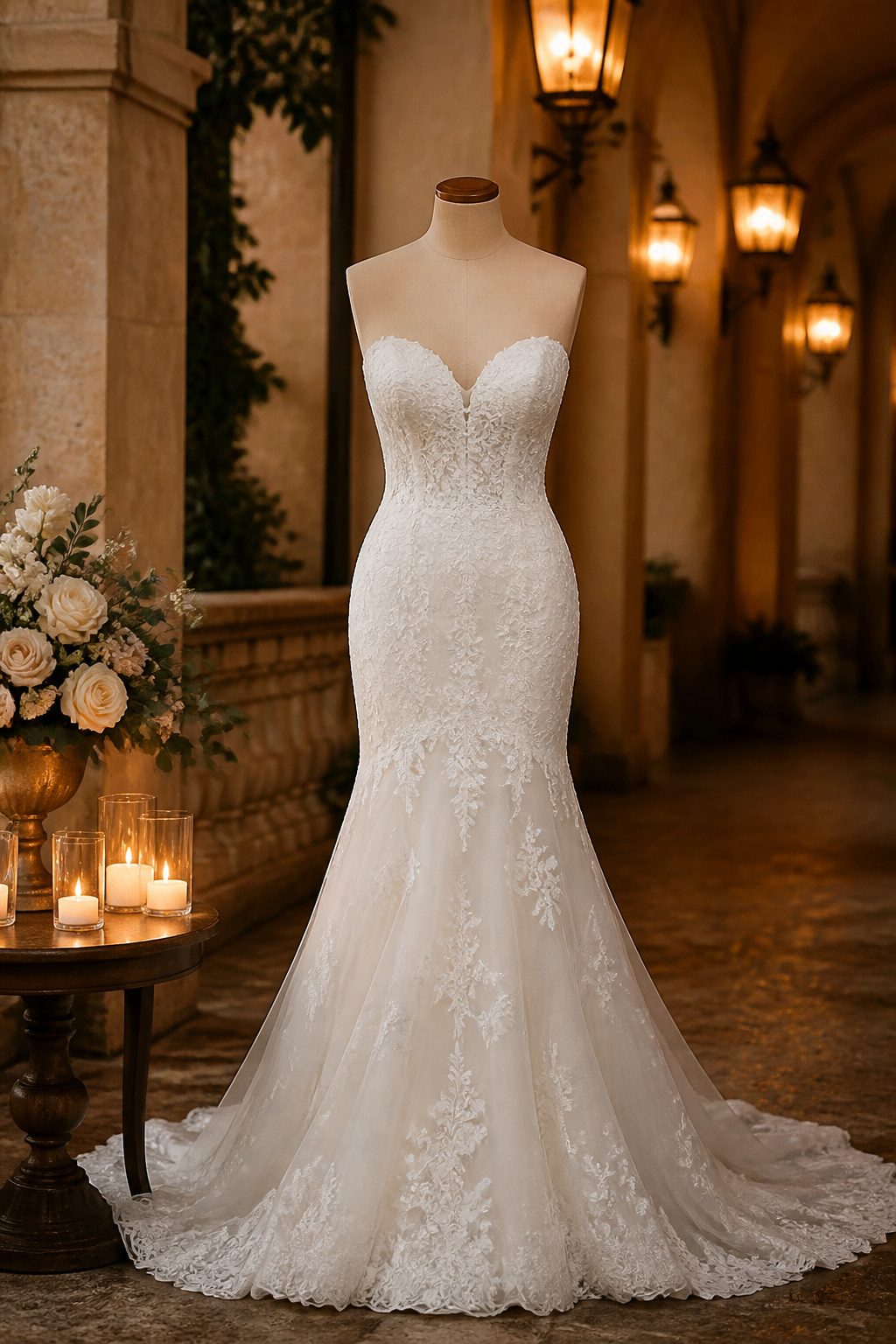 Strapless gown with sweetheart neckline.