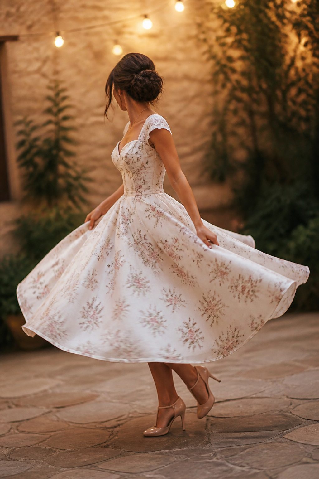 Tea-length wedding dress with a vintage style.