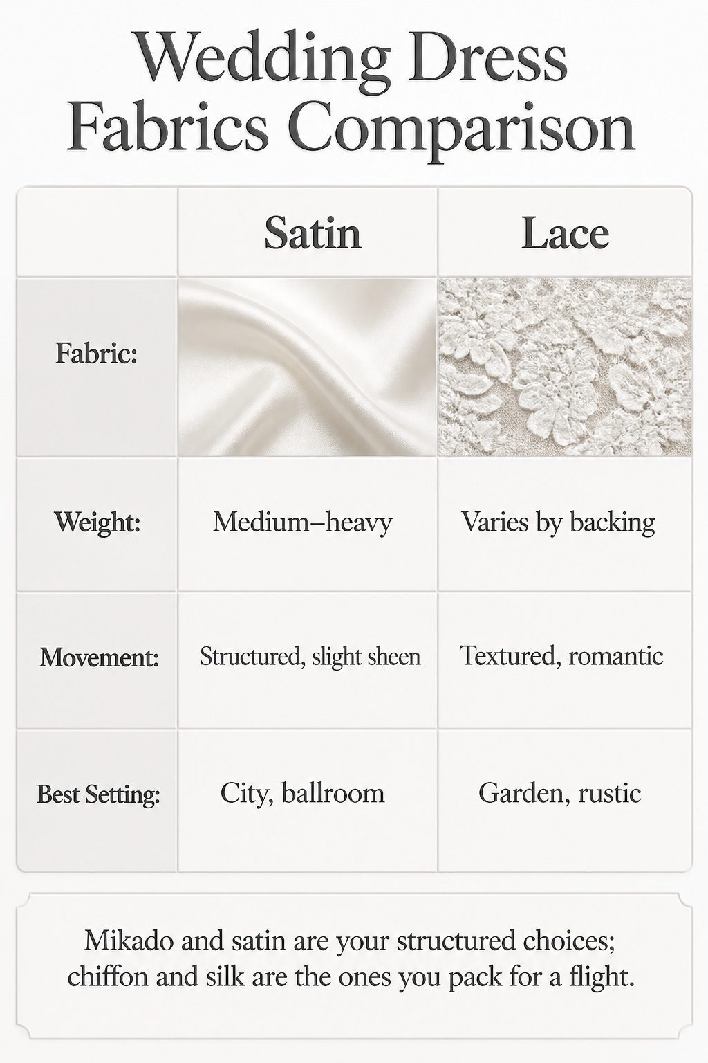Chart comparing wedding dress fabrics and their properties.