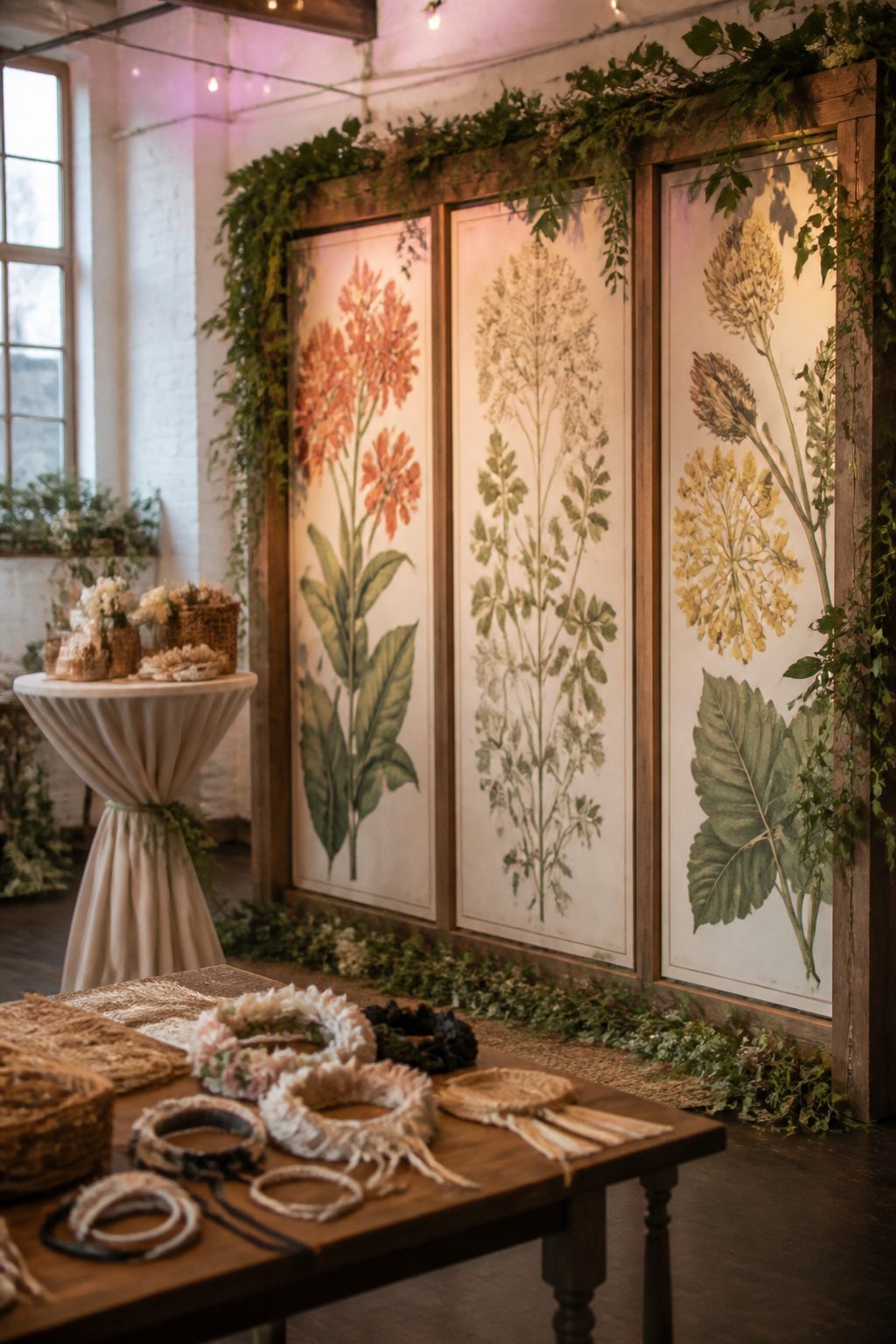 A photo booth with a backdrop of vintage botanical prints.