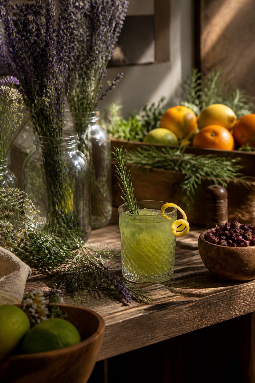 A vibrant green cocktail garnished with rosemary and citrus.