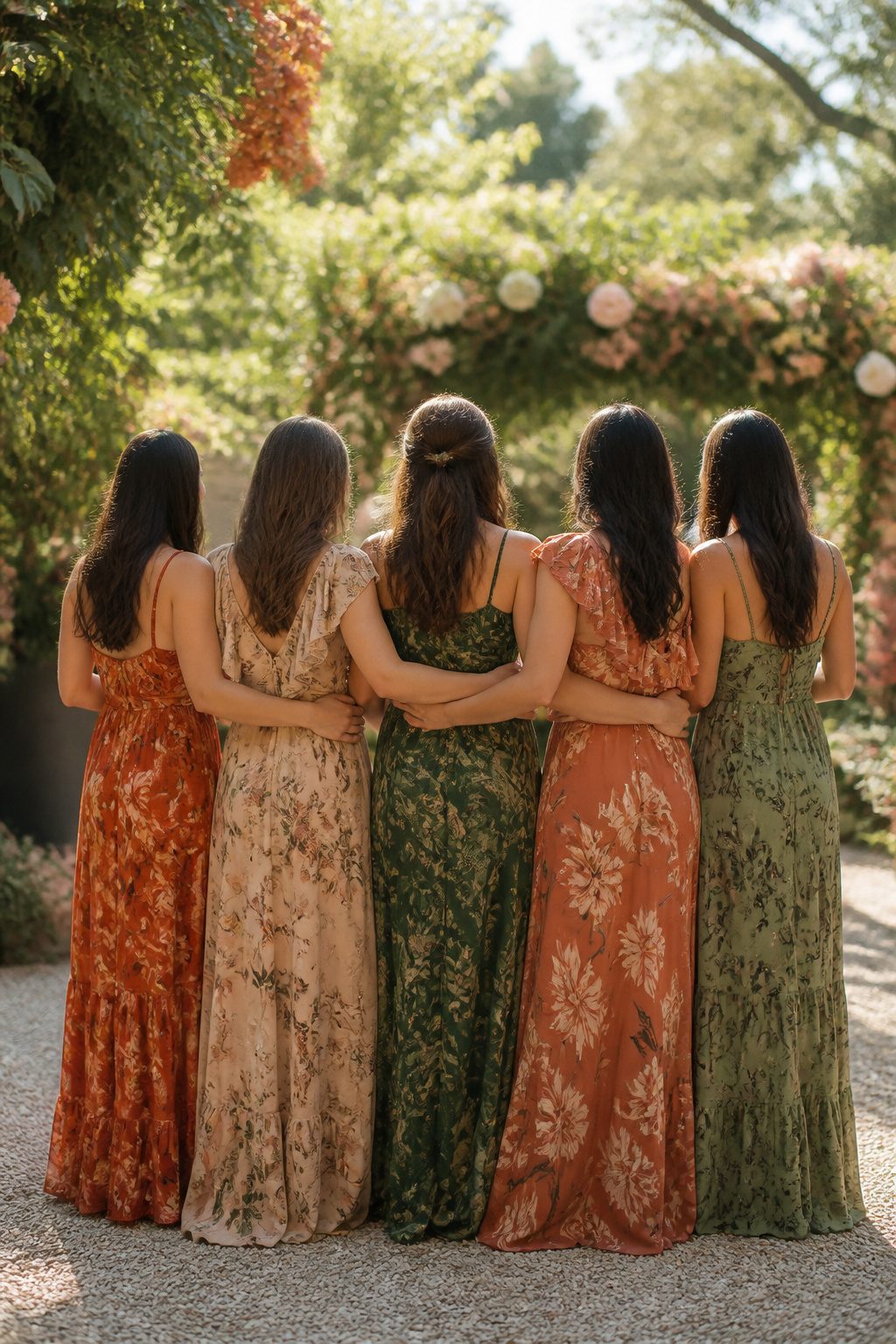 Bridesmaids in leafy print dresses stand together in a garden.