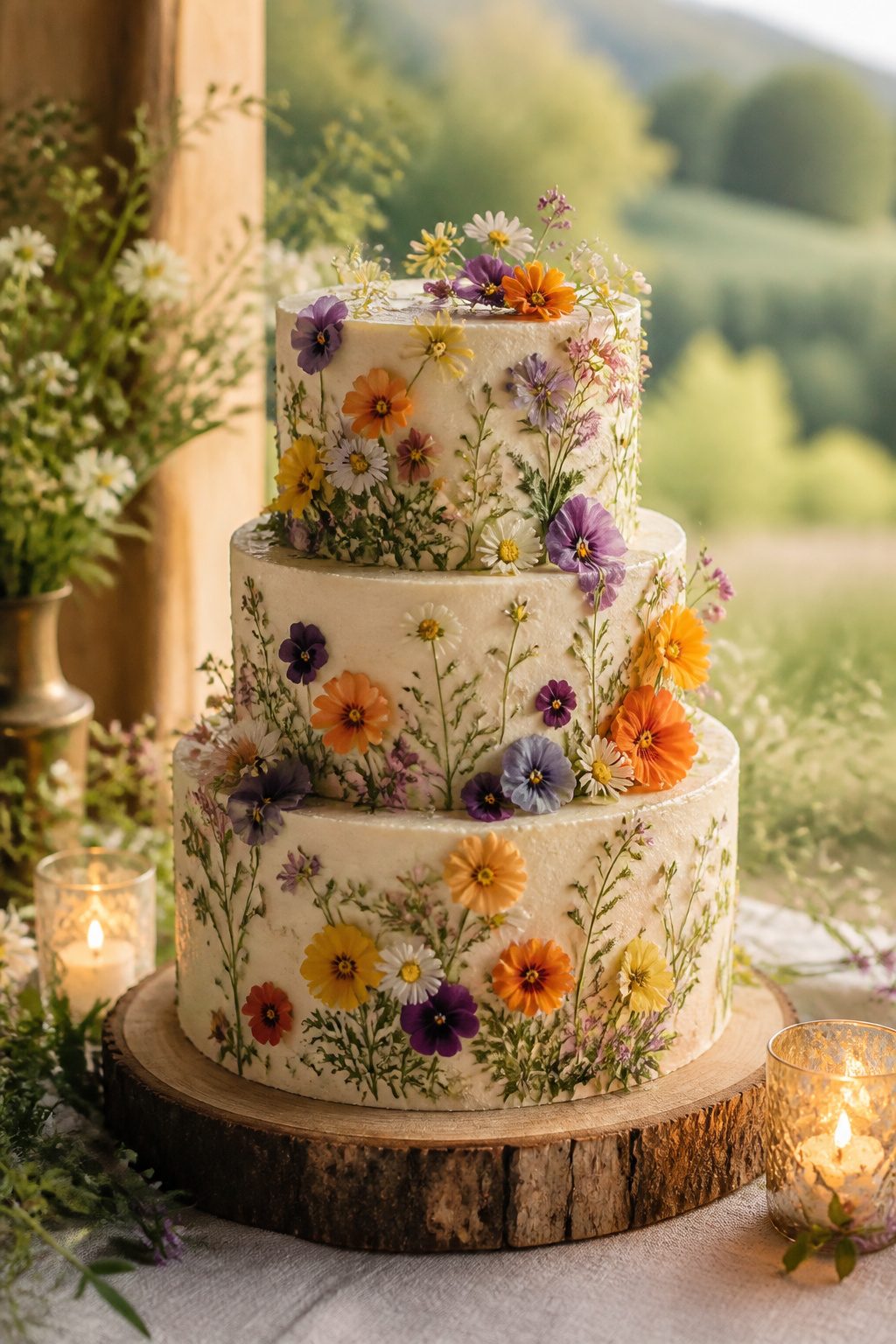 A cake covered in edible flowers like violets and pansies.