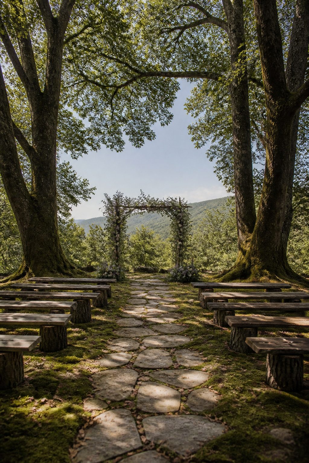 An outdoor wedding ceremony set in a botanical garden.