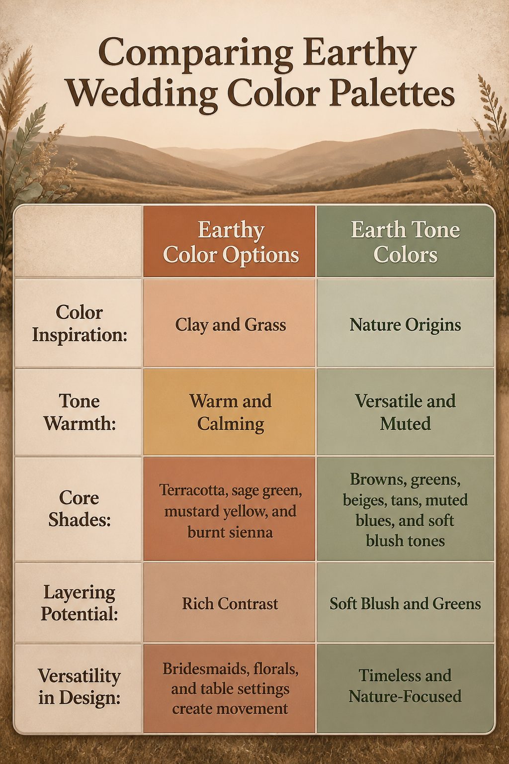 Swatches of earthy wedding colors like terracotta and sage green.