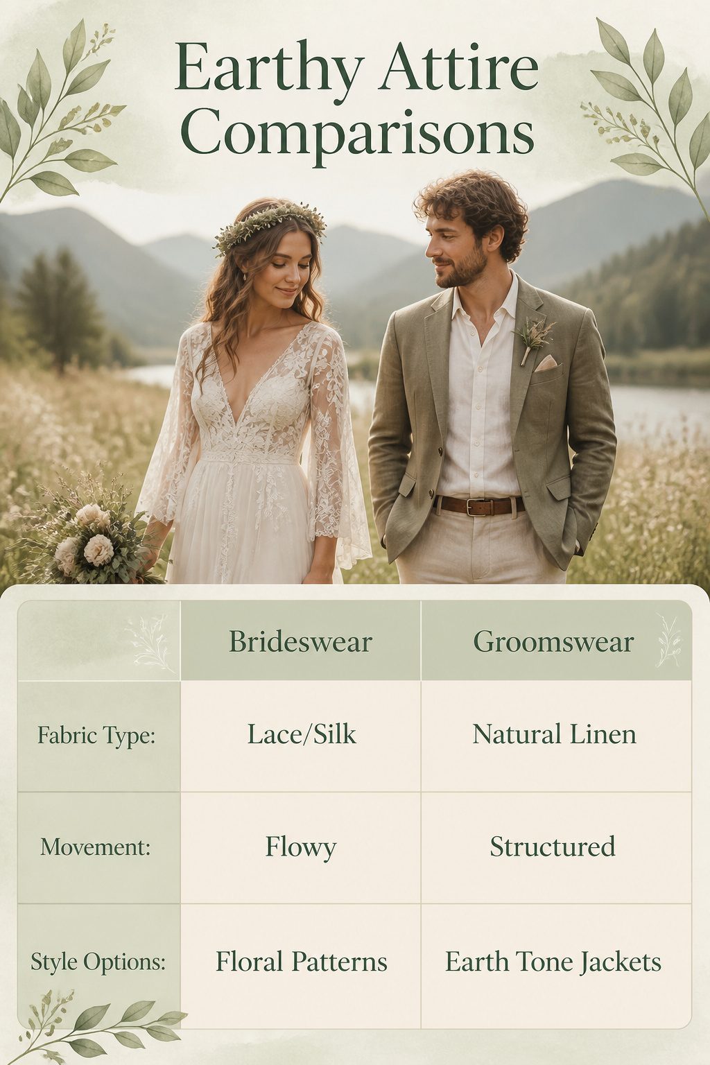 Bridal and groom attire featuring natural fabrics and earthy colors.