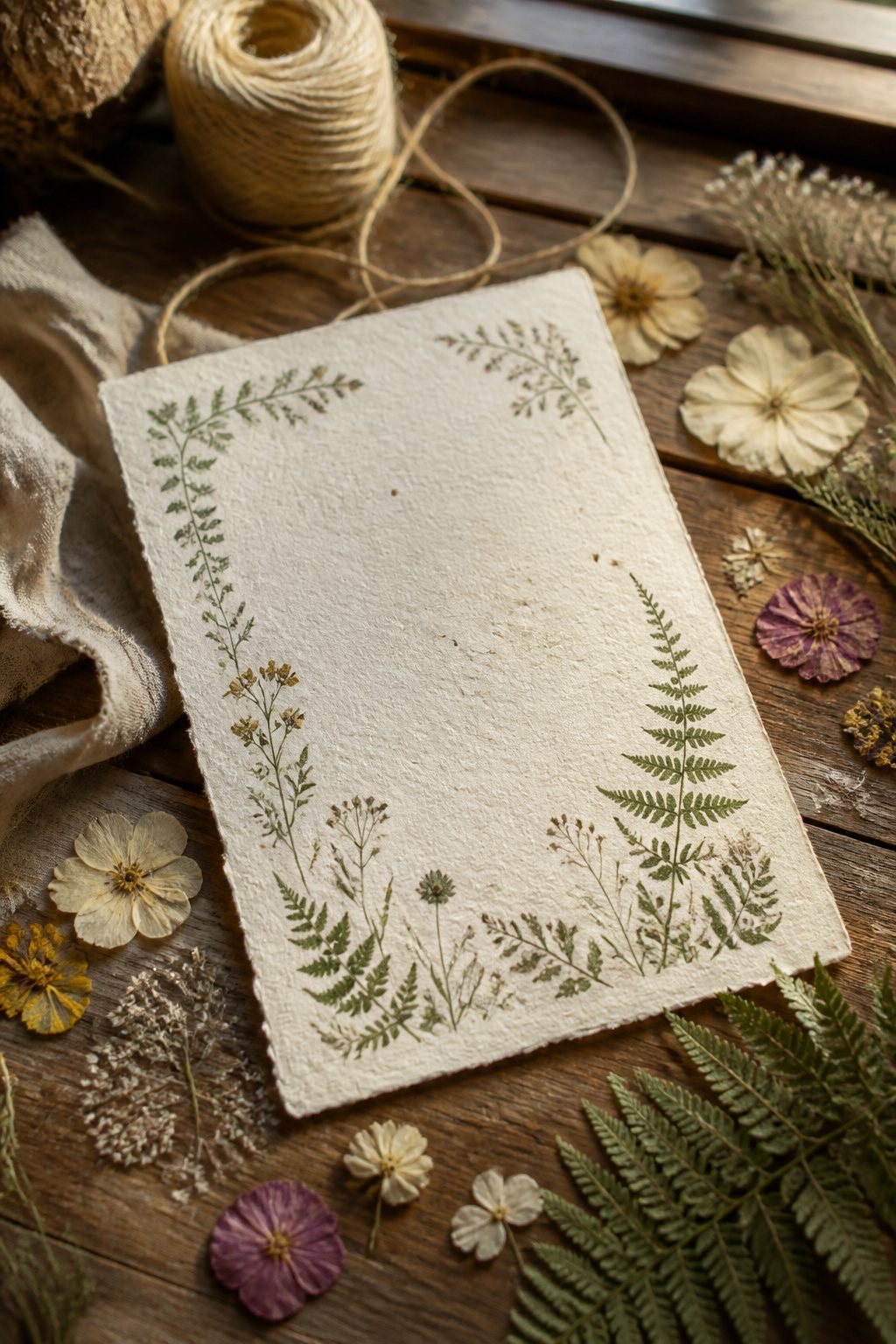 A wedding invitation on seed paper with green botanical illustrations.