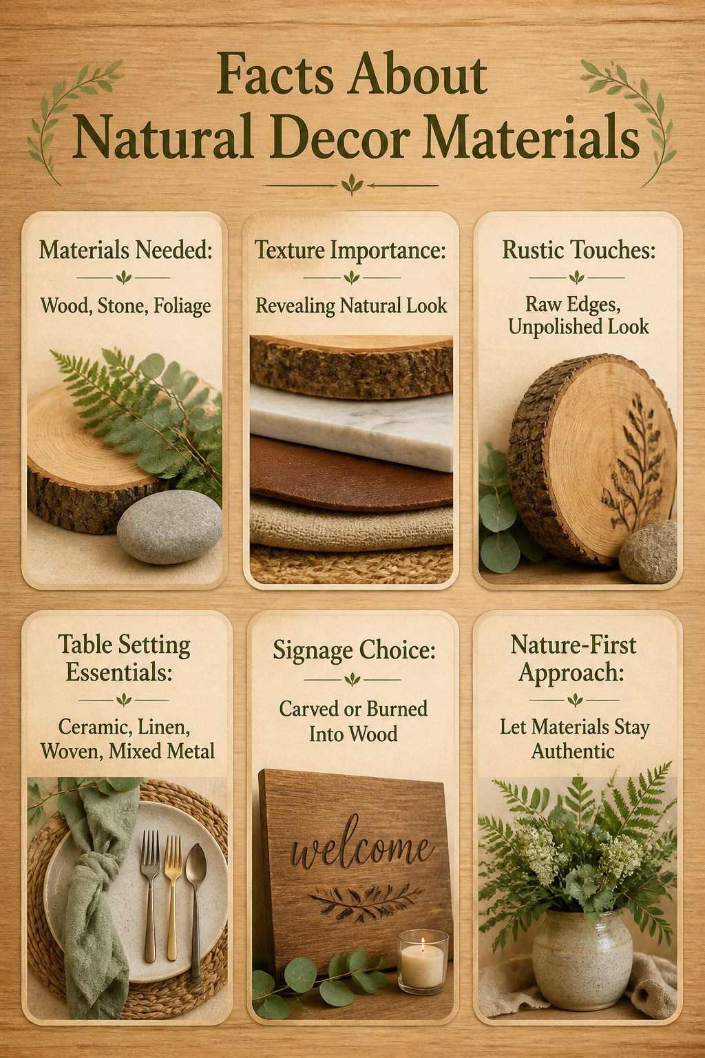 Table settings featuring natural materials like wood and stone.