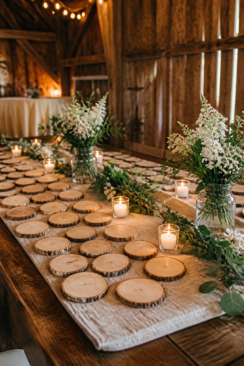 Seating cards made from wood slices engraved with names.