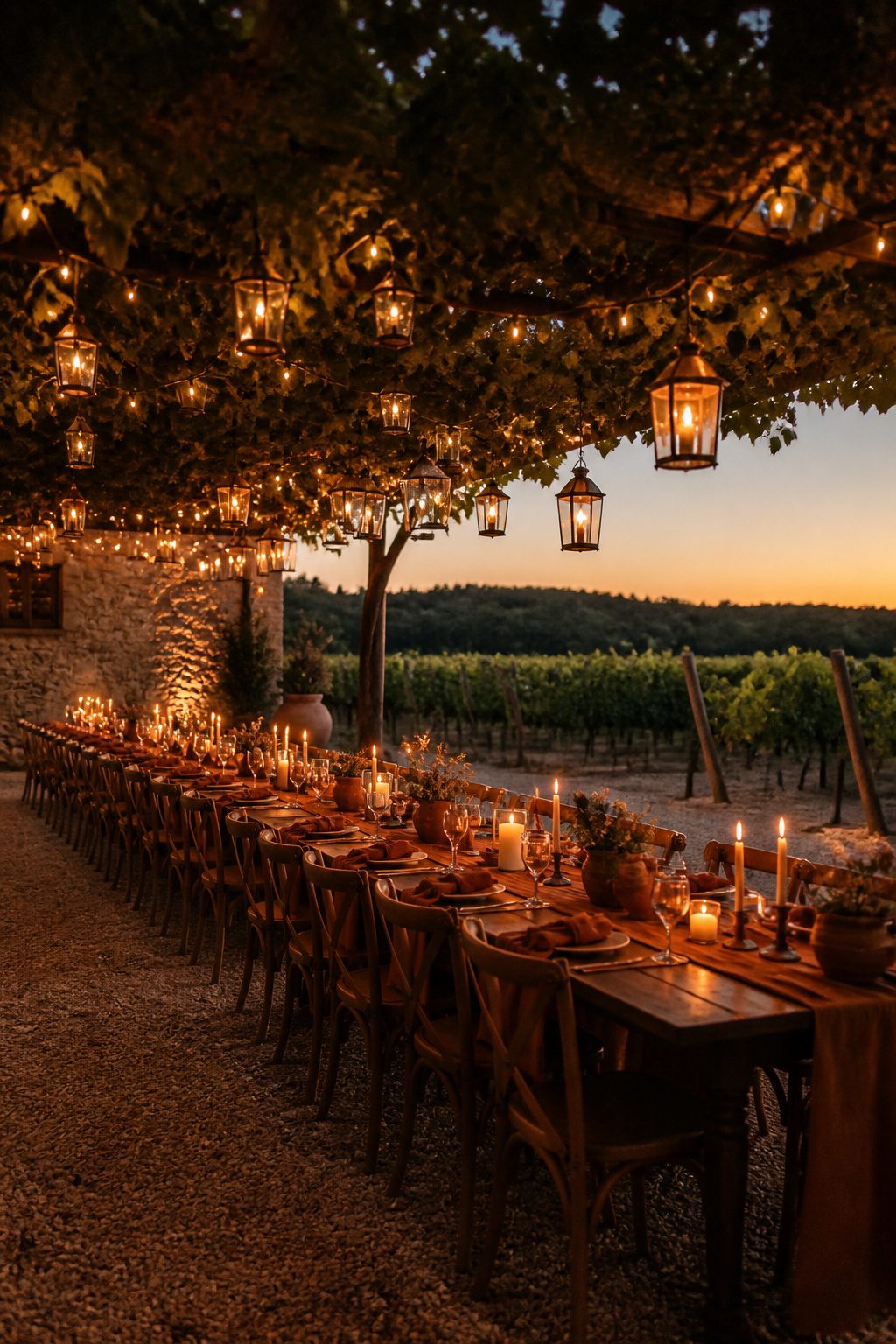 Brass lanterns and candles set on a wedding reception table.