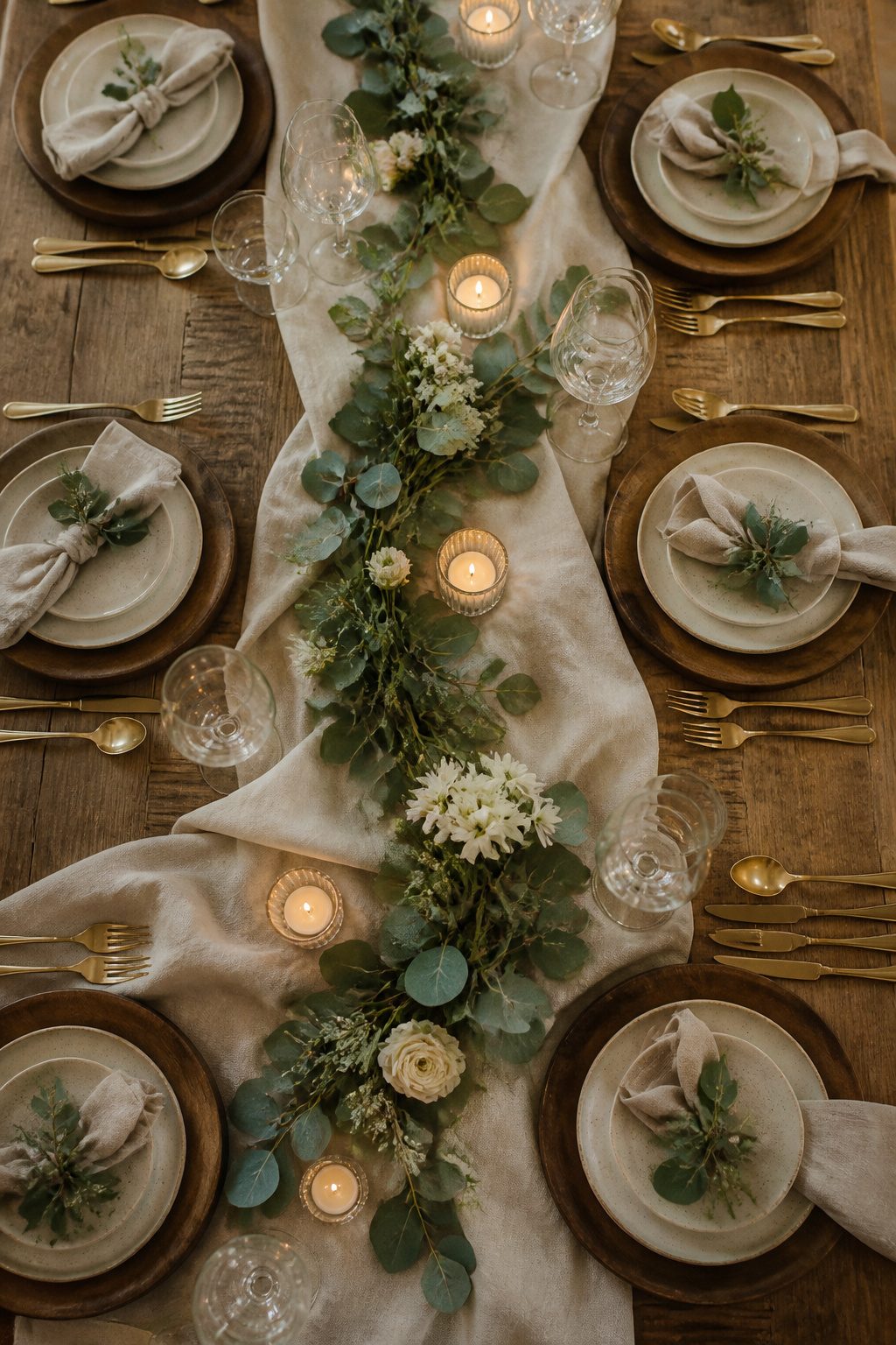A wedding table set with natural linens and greenery.