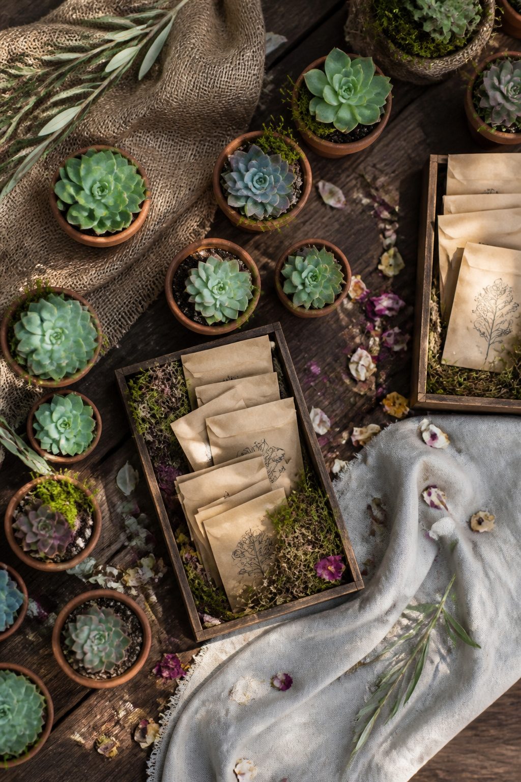 Plantable seed packets arranged as wedding favors on a table.