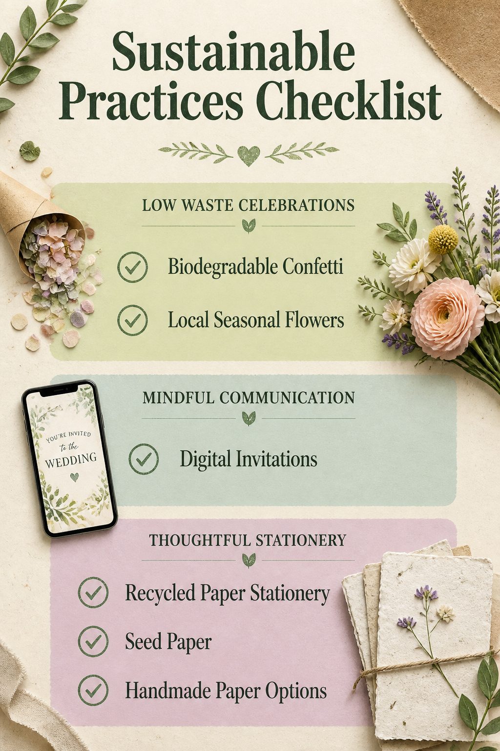 A checklist highlighting sustainable wedding practices.