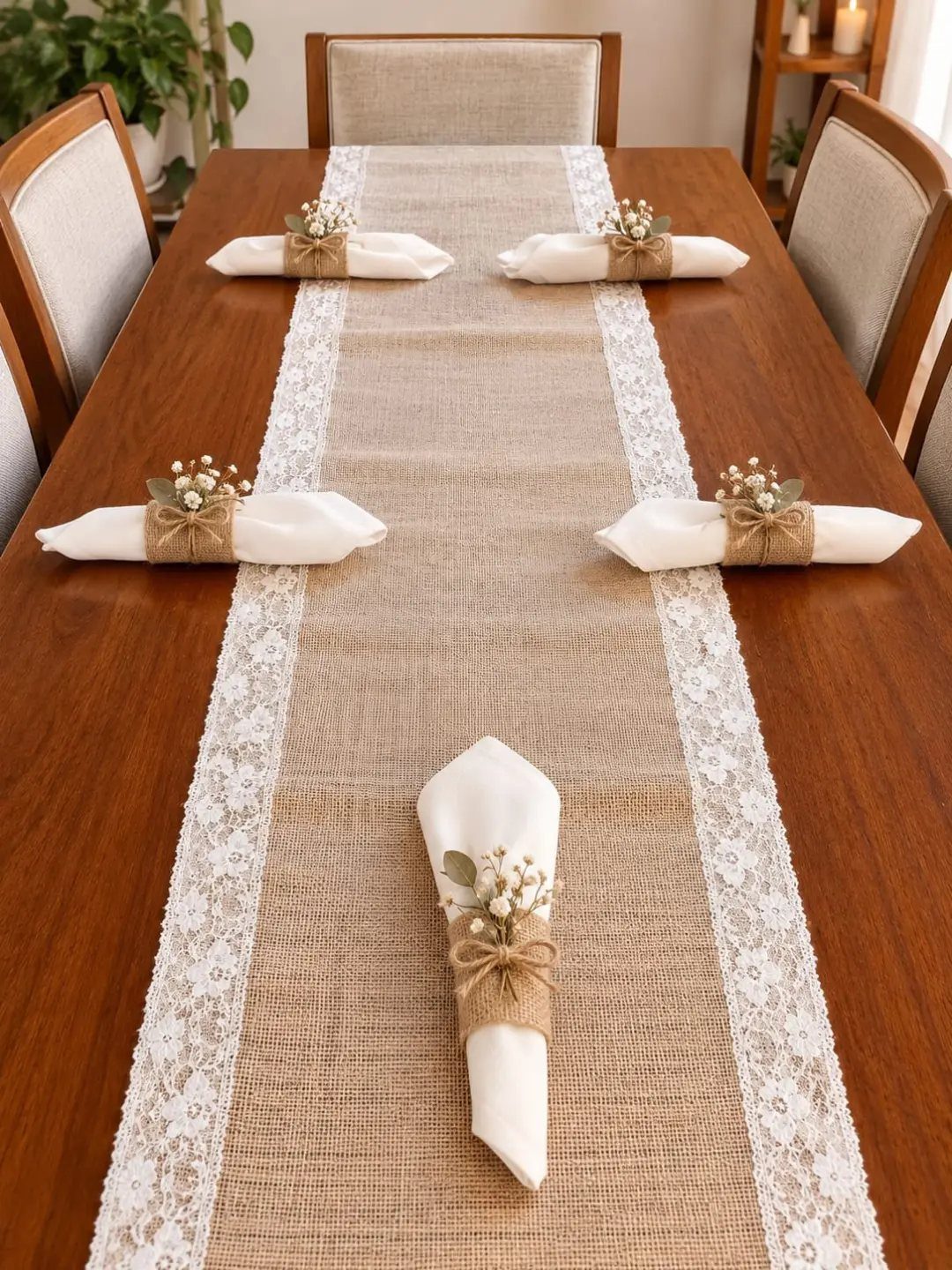 Burlap table runner with white lace edges on a wooden table with decorated napkins.