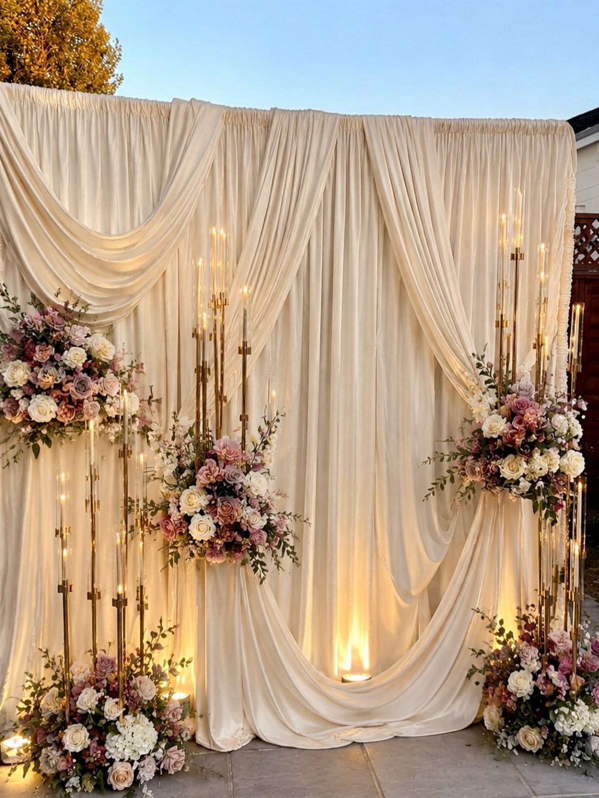Cream fabric backdrop decorated with large pink and white floral arrangements and tall gold candlesticks.