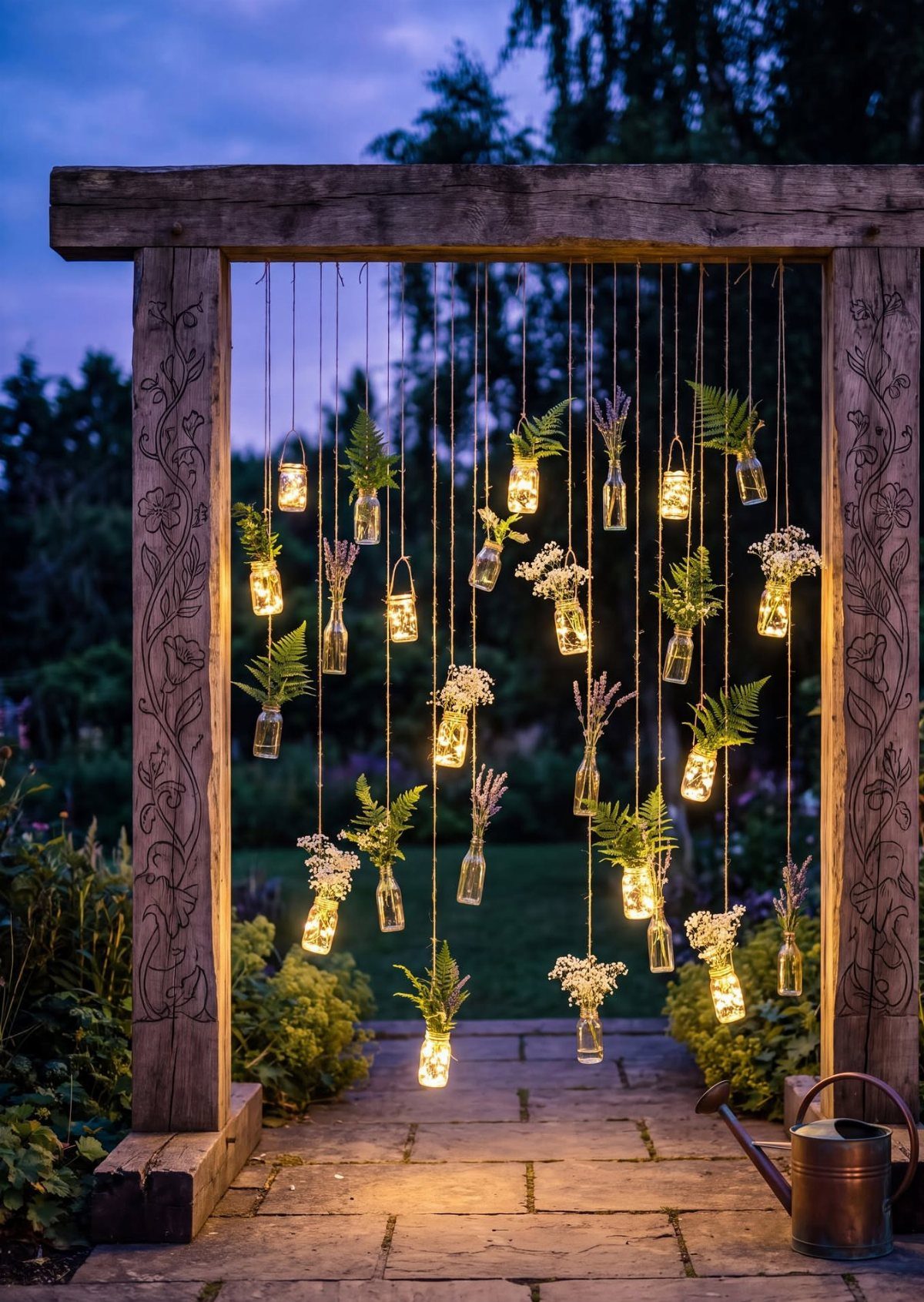 Hanging mason jars with glowing LED lights and greenery suspended from a wooden frame outdoors.