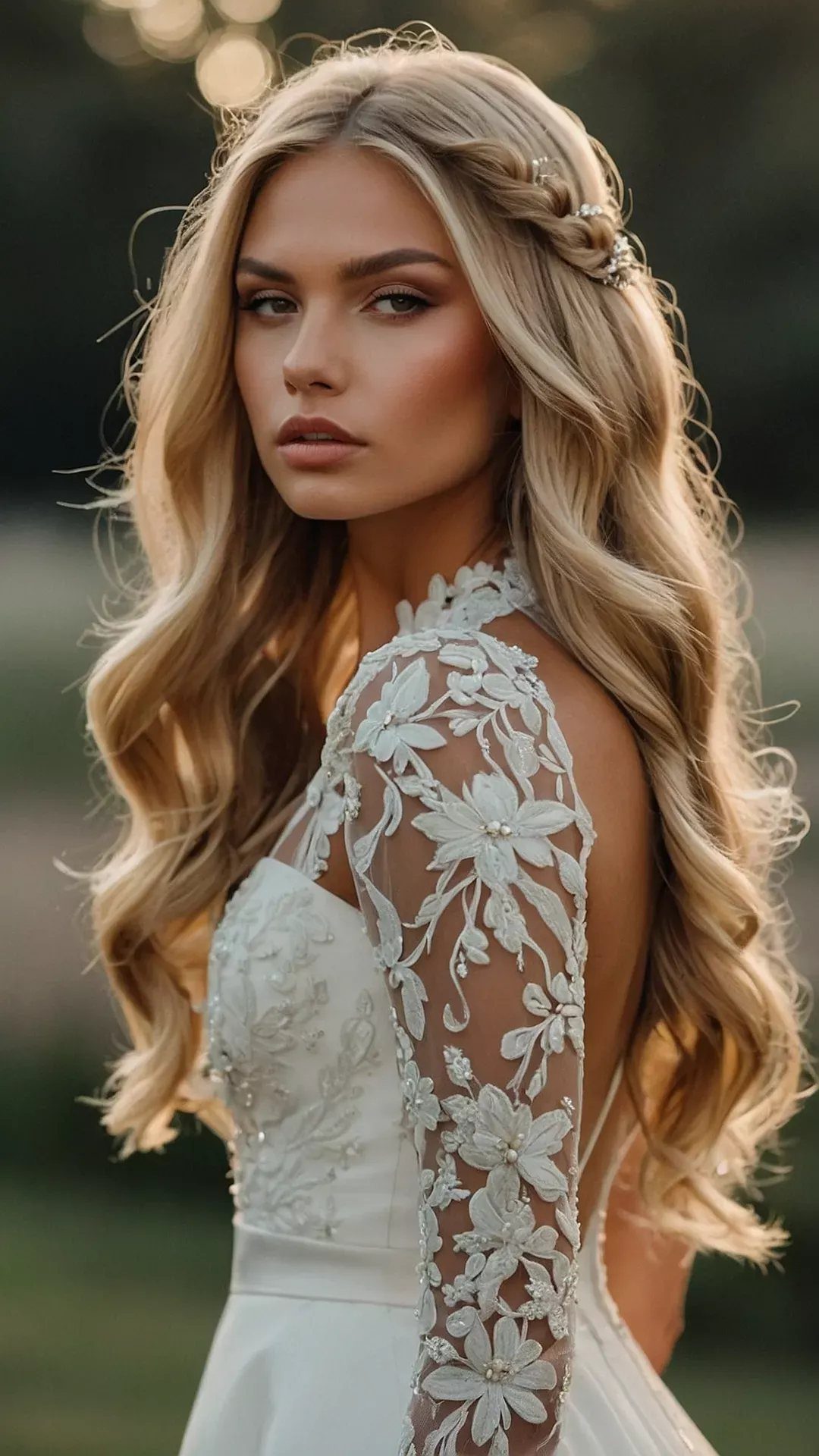 Blonde woman with long wavy hair and a side braid wearing a white lace wedding dress.