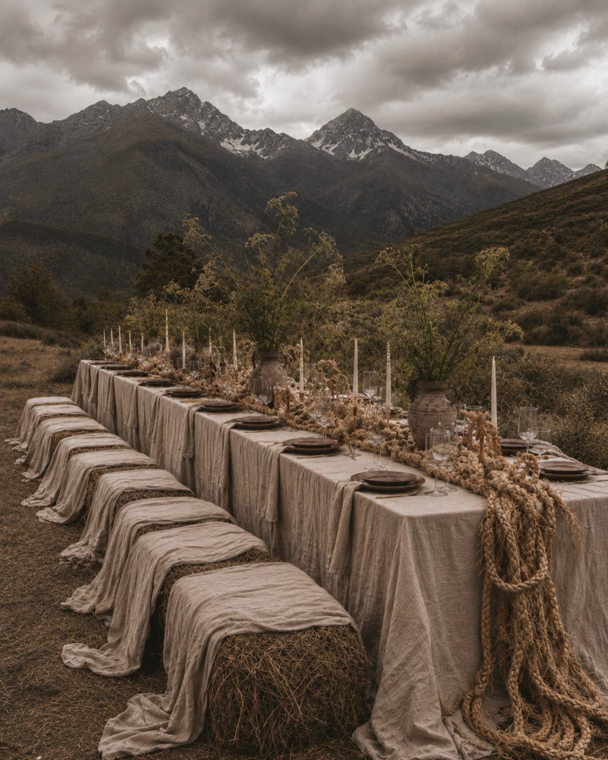 A long rustic dining table set outdoors with hay bale seating against a mountain backdrop.