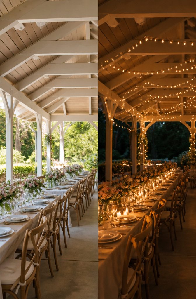 Covered pavilion with string lights creating a wedding backdrop.