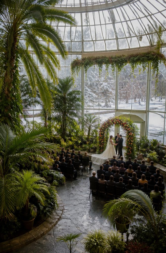 Tropical plants and seating area in Como Zoo Conservatory.