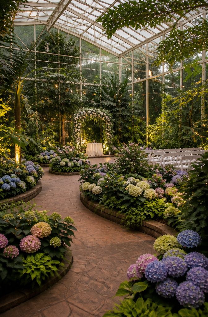 Interior of a greenhouse with soft light and greenery.