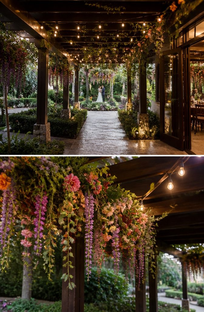 Indoor-outdoor wedding setup at Enchanted Gardens Oklahoma.