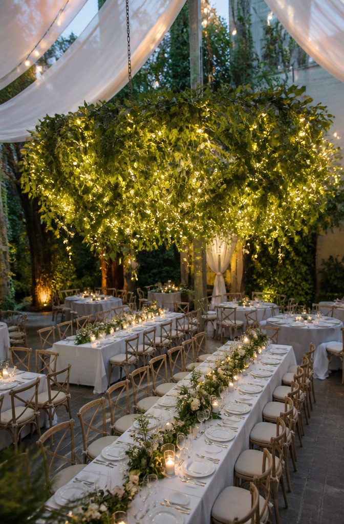 Hanging greenery and lights above a reception area.