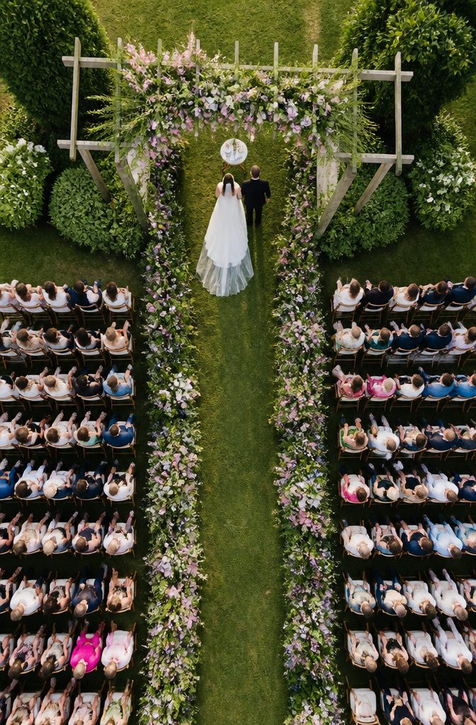Ceremony area decorated with fresh flowers and greenery.