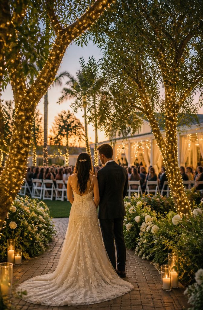 Almond trees with fairy lights lining a ceremony path.