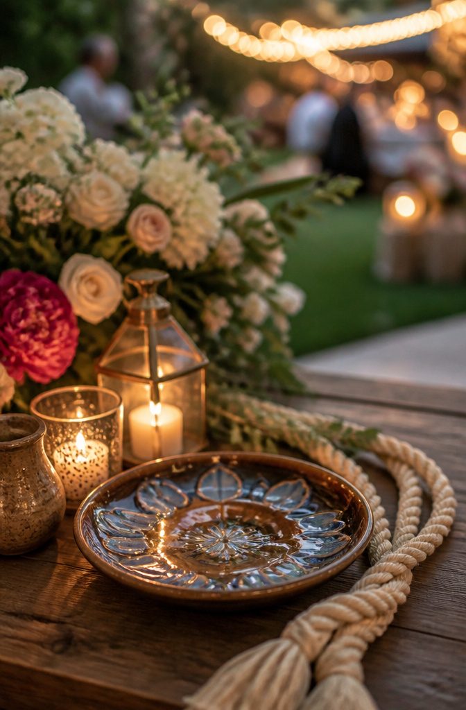 Hand-painted ceramic dish displayed among wedding decor.
