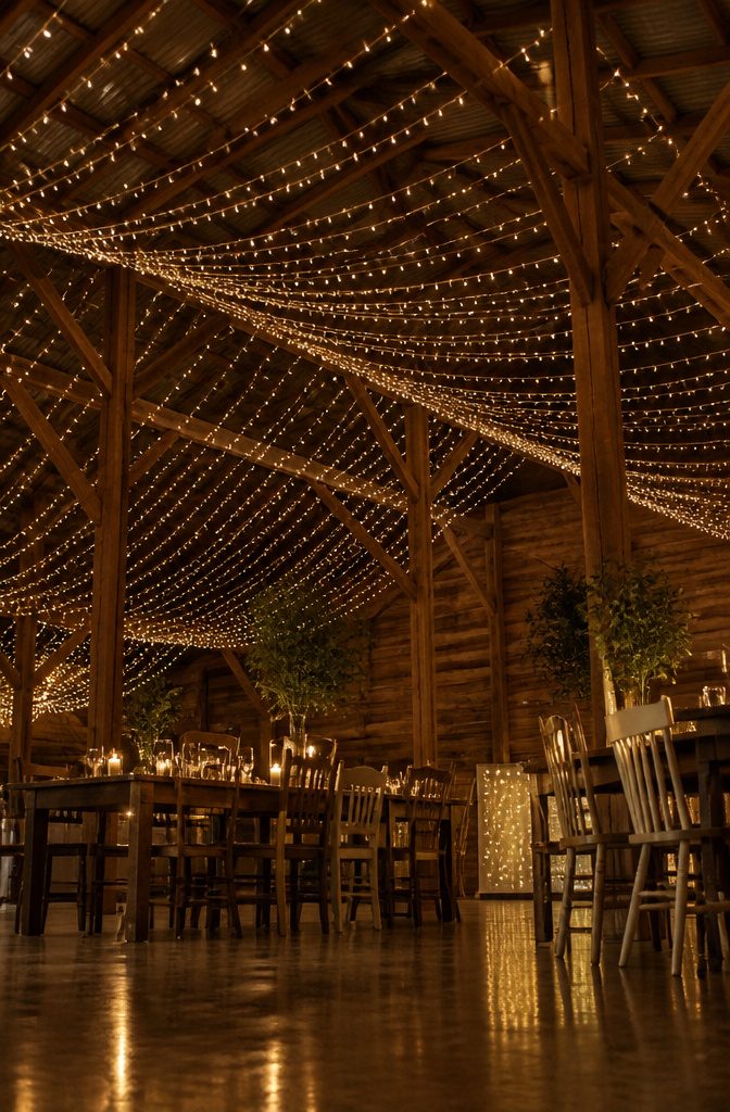 A canopy of fairy lights overhead at a wedding reception.