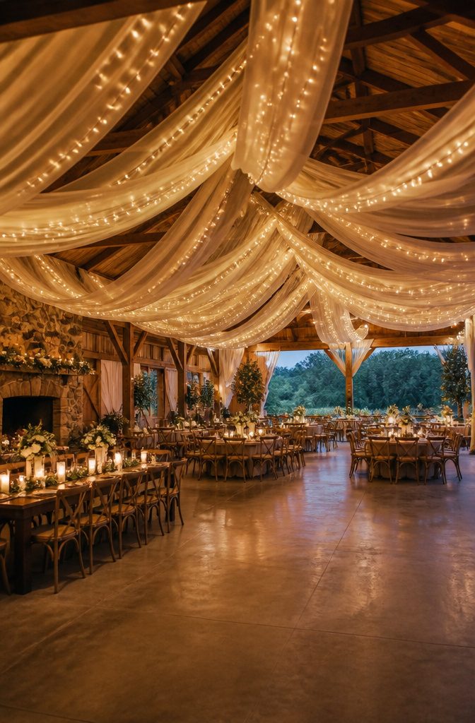 A canopy of drapes and fairy lights at a wedding venue.