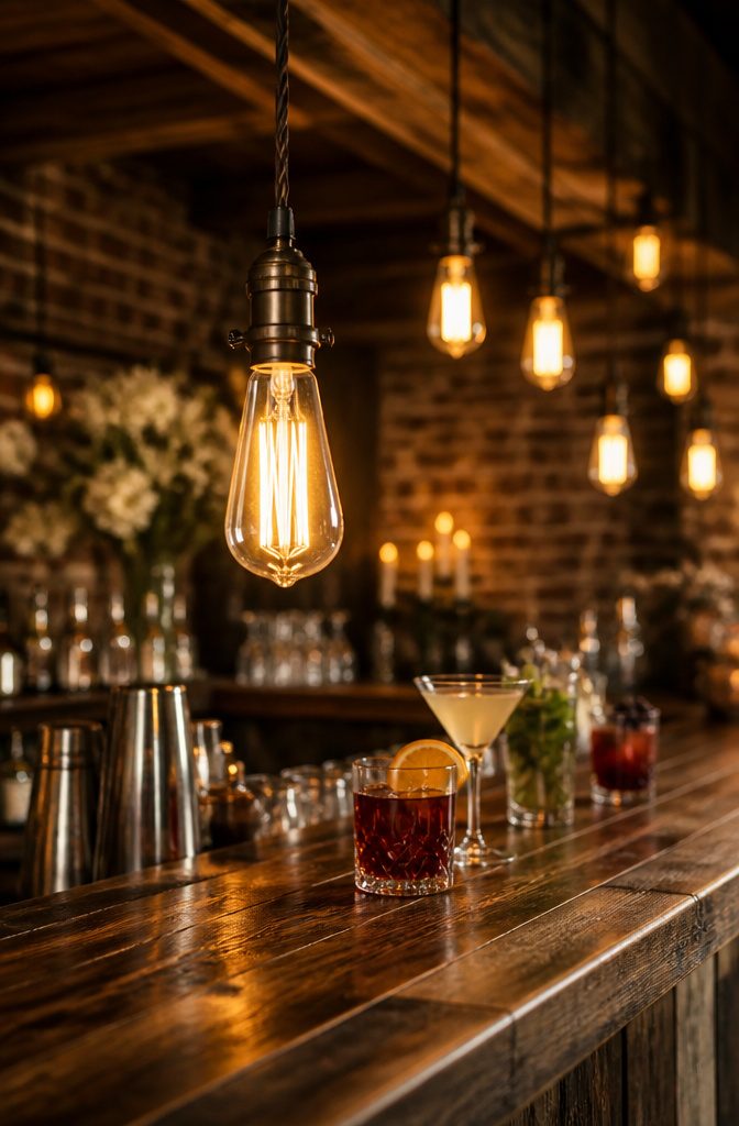 Edison light bulbs hanging as decorative lighting at a wedding.