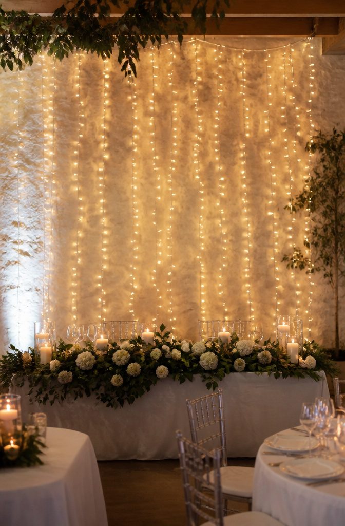 A curtain of fairy lights behind a wedding head table.