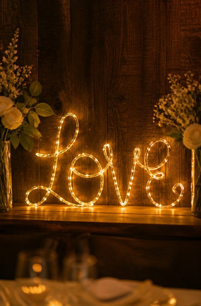 An illuminated sign made of fairy lights displaying initials at a wedding.
