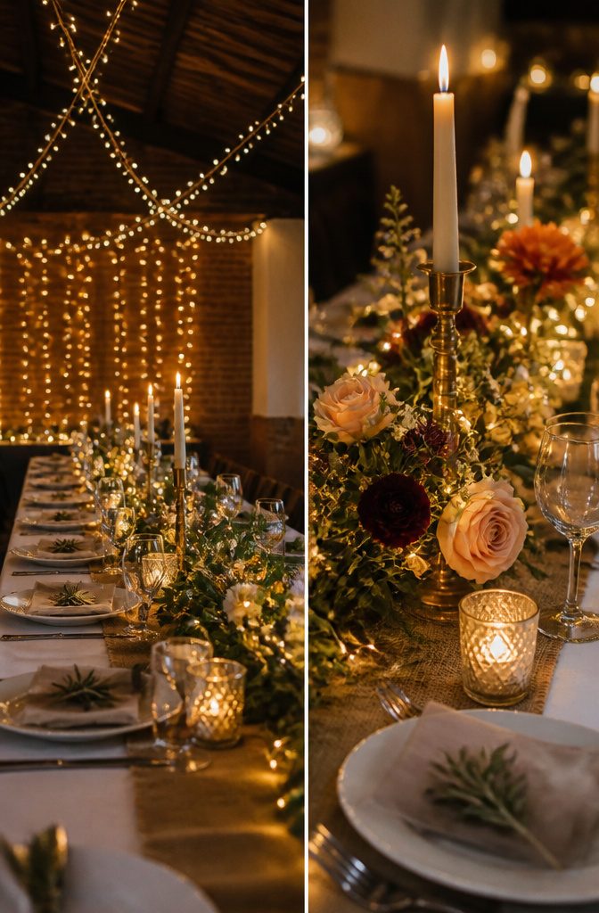 Fairy lights and candles arranged together on a wedding table.