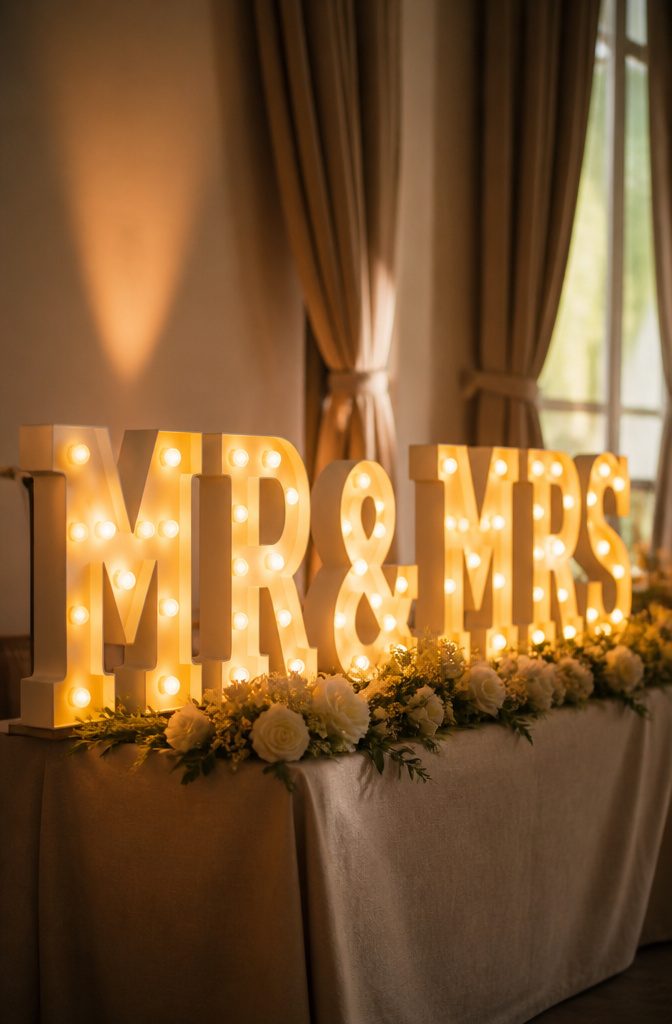 Illuminated letters spelling 'LOVE' at a wedding reception.