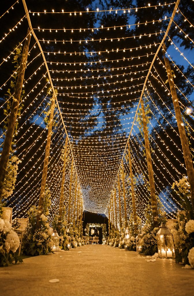 A decorative light tunnel made of fairy lights at a wedding entrance.