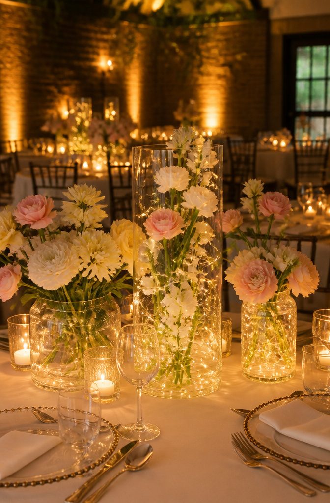 Micro wire lights intertwined with glass vessels on a wedding table.