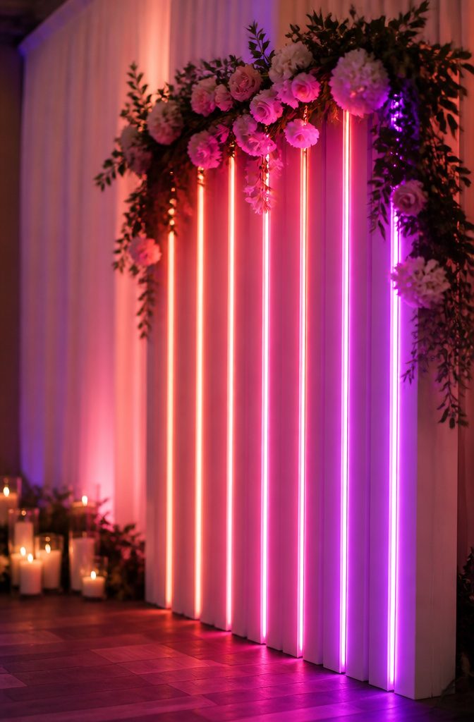 Neon LED strips creating a vibrant lighting effect at a wedding.