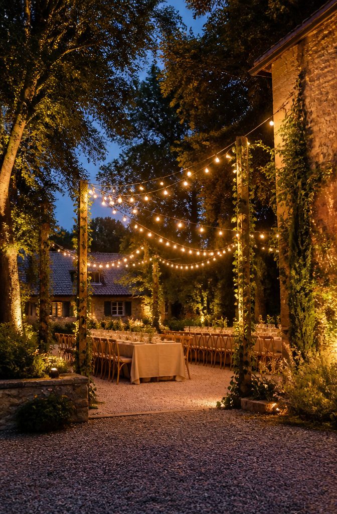 Large festoon lights strung above an outdoor wedding space.