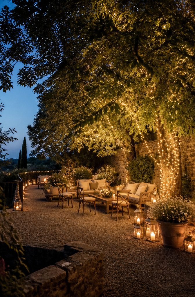 Battery-powered lights illuminating a lounge seating area outdoors.