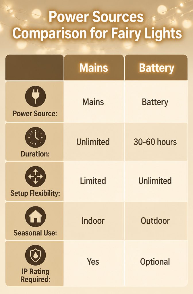 A comparison chart of power sources for fairy lights.