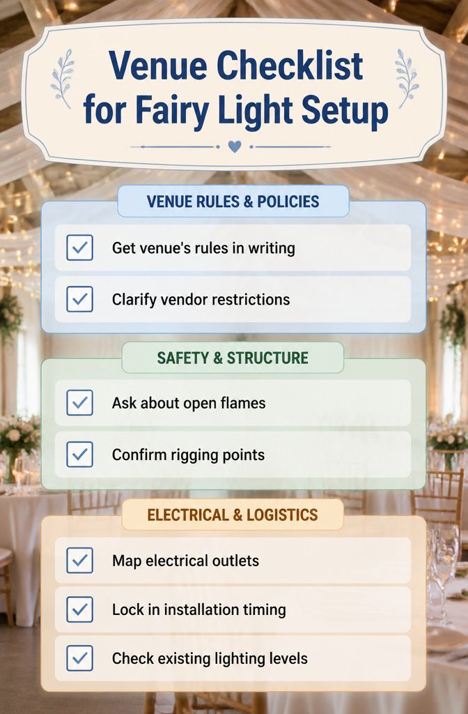 A checklist for venue rules regarding fairy light setups.