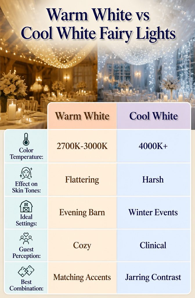 A comparison of warm white and cool white fairy lights.