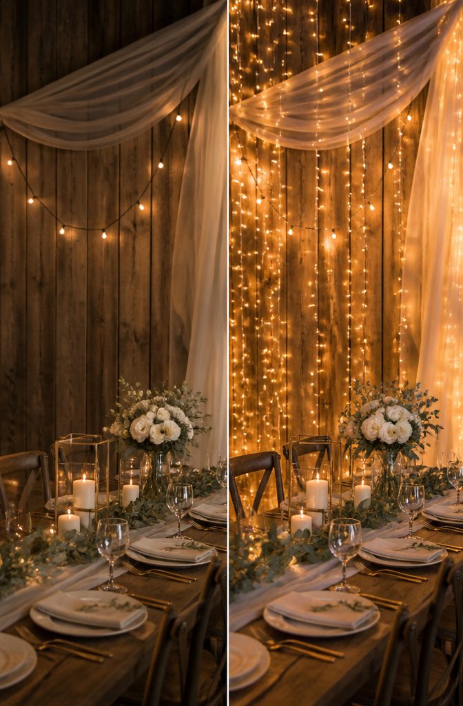 Strands of warm white fairy lights hanging at a wedding.
