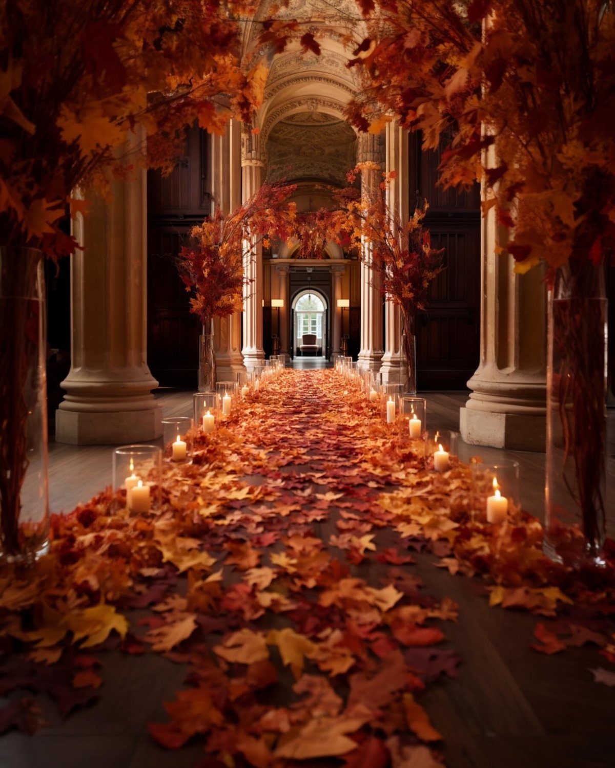 An indoor aisle covered in autumn leaves and lined with glowing candles in a grand hallway.